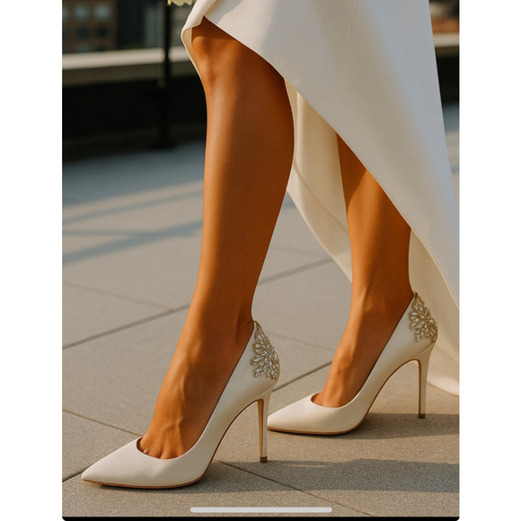 Badgley Mischka Crystal Jewel Heels Gold Satin Glam Bridal Bride Event Gala Sz 9 - Picture 1 of 12